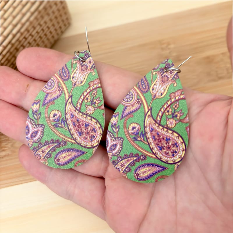 Front view of an earrings - Retro Paisley Faux leather Earring - Style 4 - Zuzus Trove