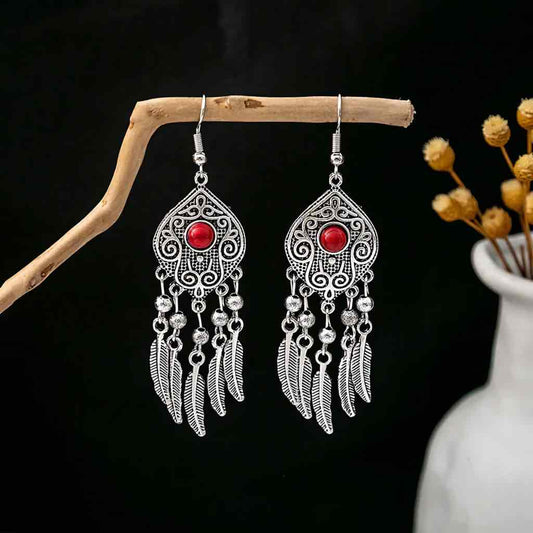 Front view of an earrings - Small Silver Ethnic Dangler Earrings - Red Stone Earrings - Zuzus Trove