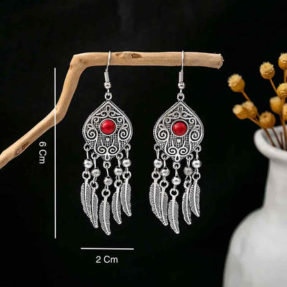 Front view of an earrings - Small Silver Ethnic Dangler Earrings - Red Stone Earrings - Zuzus Trove