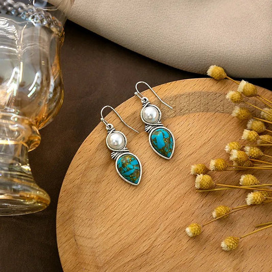 Front view of an earrings - Stone Earrings - Silver Earrings Pearl and Turquoise Drop Earrings - Zuzus Trove