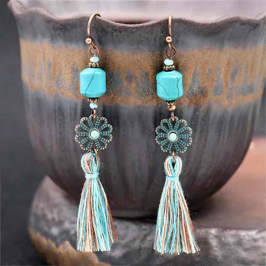 Front view of an earrings - Turquoise Simle Boho Tassel Drop Earring - Zuzus Trove