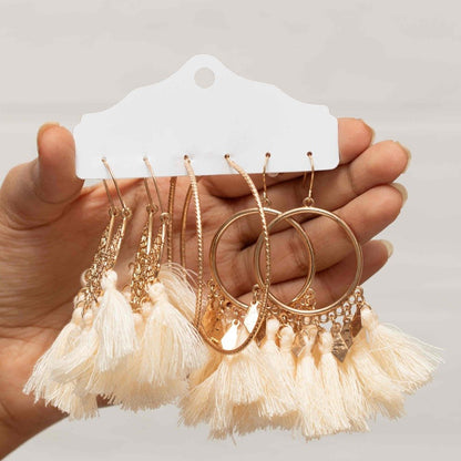 Front view of an earrings - Vintage Retro Tassel Beige Combo Earrings - Zuzus Trove