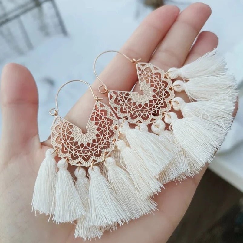 Front view of an earrings - Vintage Retro Tassel Beige Combo Earrings - Zuzus Trove