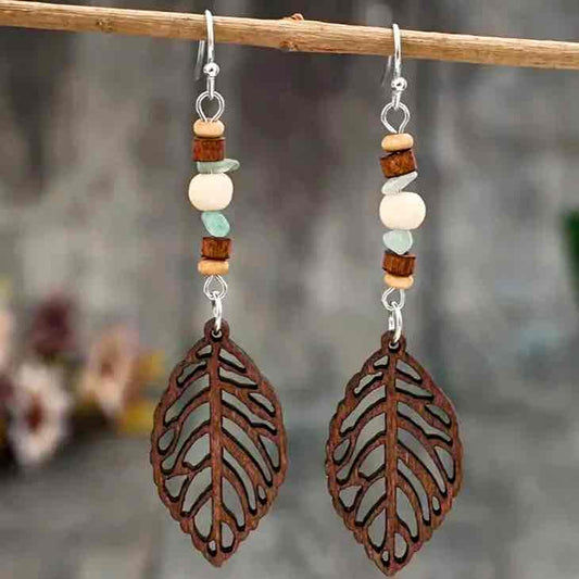 Front view of an earrings - Western Earrings - Beaded Leafy Wood Drop Earrings - Zuzus Trove