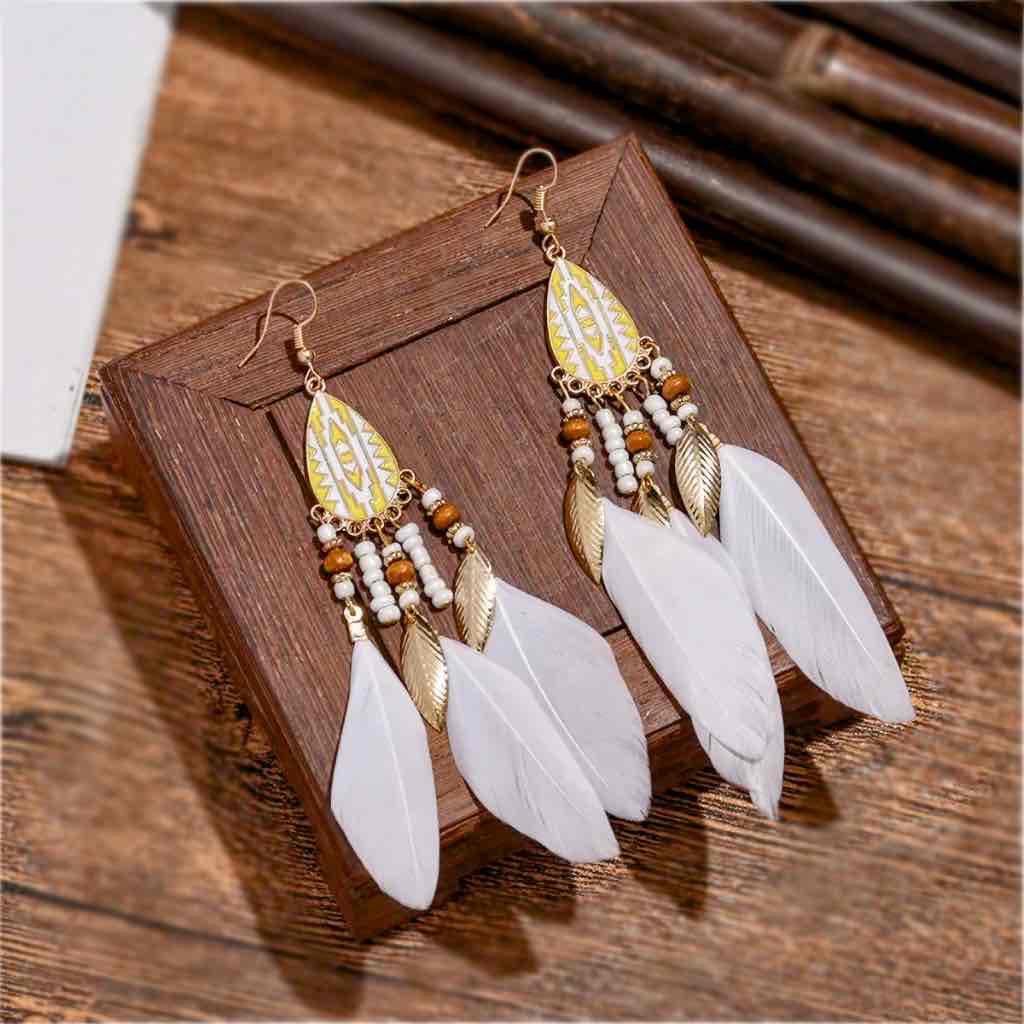 Front view of an earrings - White Earrings - Beautiful Gold White Feather Earrings - Zuzus Trove