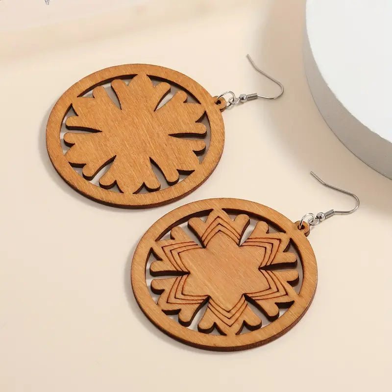 Front view of an earrings - Wood Earrings - Cute Snowflake Earrings - Zuzus Trove