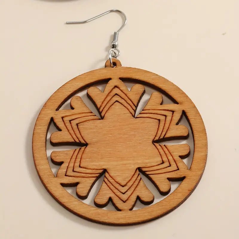 Front view of an earrings - Wood Earrings - Cute Snowflake Earrings - Zuzus Trove