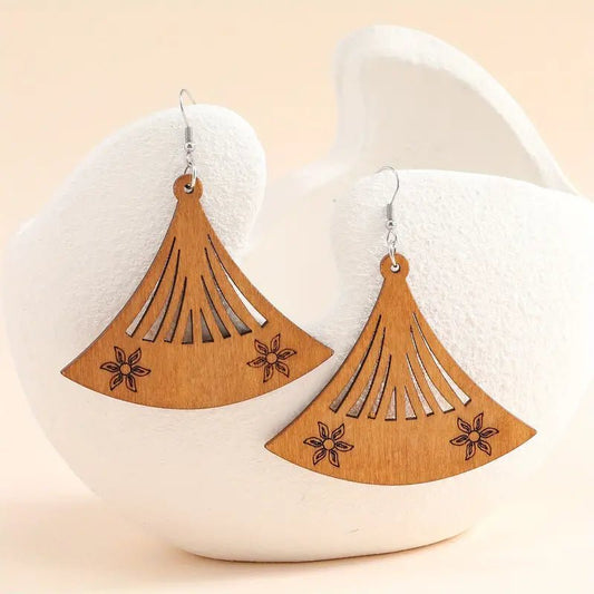 Front view of an earrings - Wood Earrings: Western Dangler Earrings - Zuzus Trove