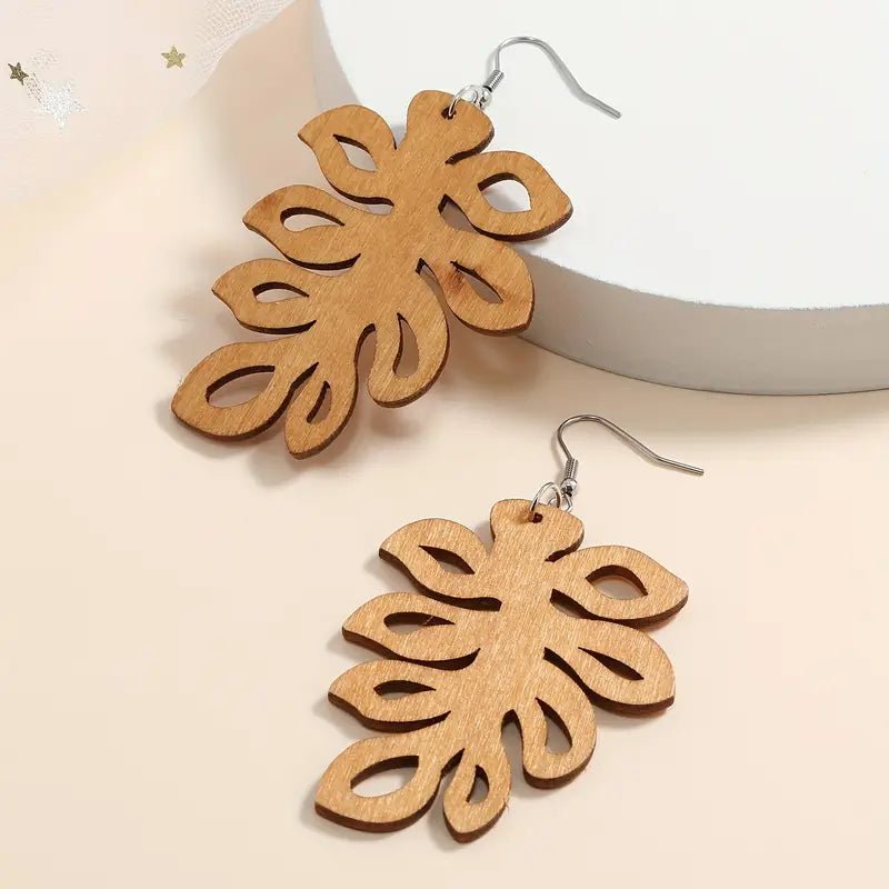 Front view of an earrings - Wood Earrings - Western Leaf Earrings - Zuzus Trove