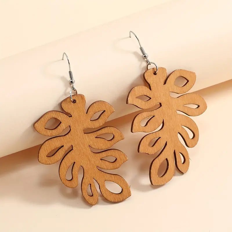 Front view of an earrings - Wood Earrings - Western Leaf Earrings - Zuzus Trove