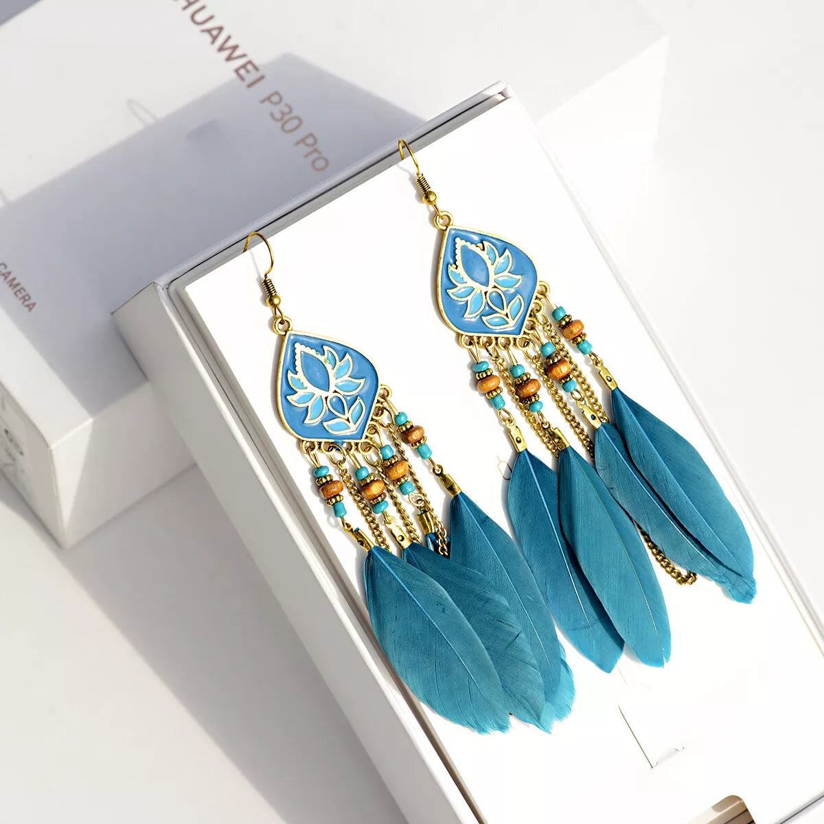 Premium | Ethnic Chain Blue Lotus Feather Earrings