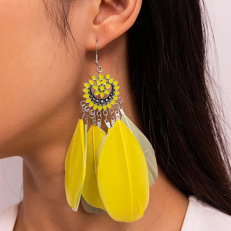 Yellow Feather Earrings-Gorgeous Statement Earrings