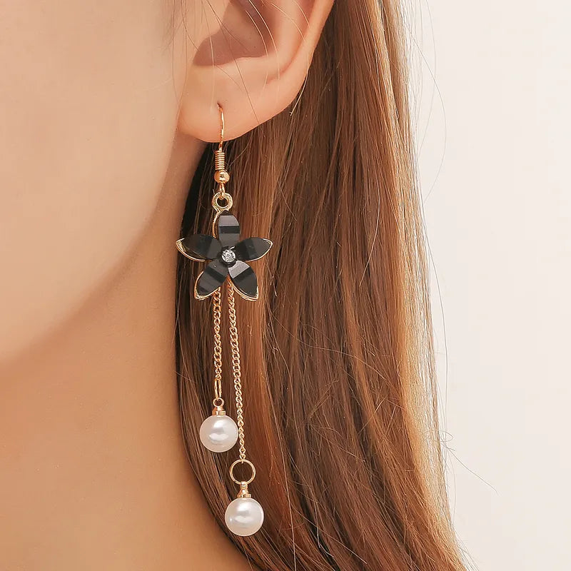 Premium - Ethnic Flower Dangler Earrings - Black