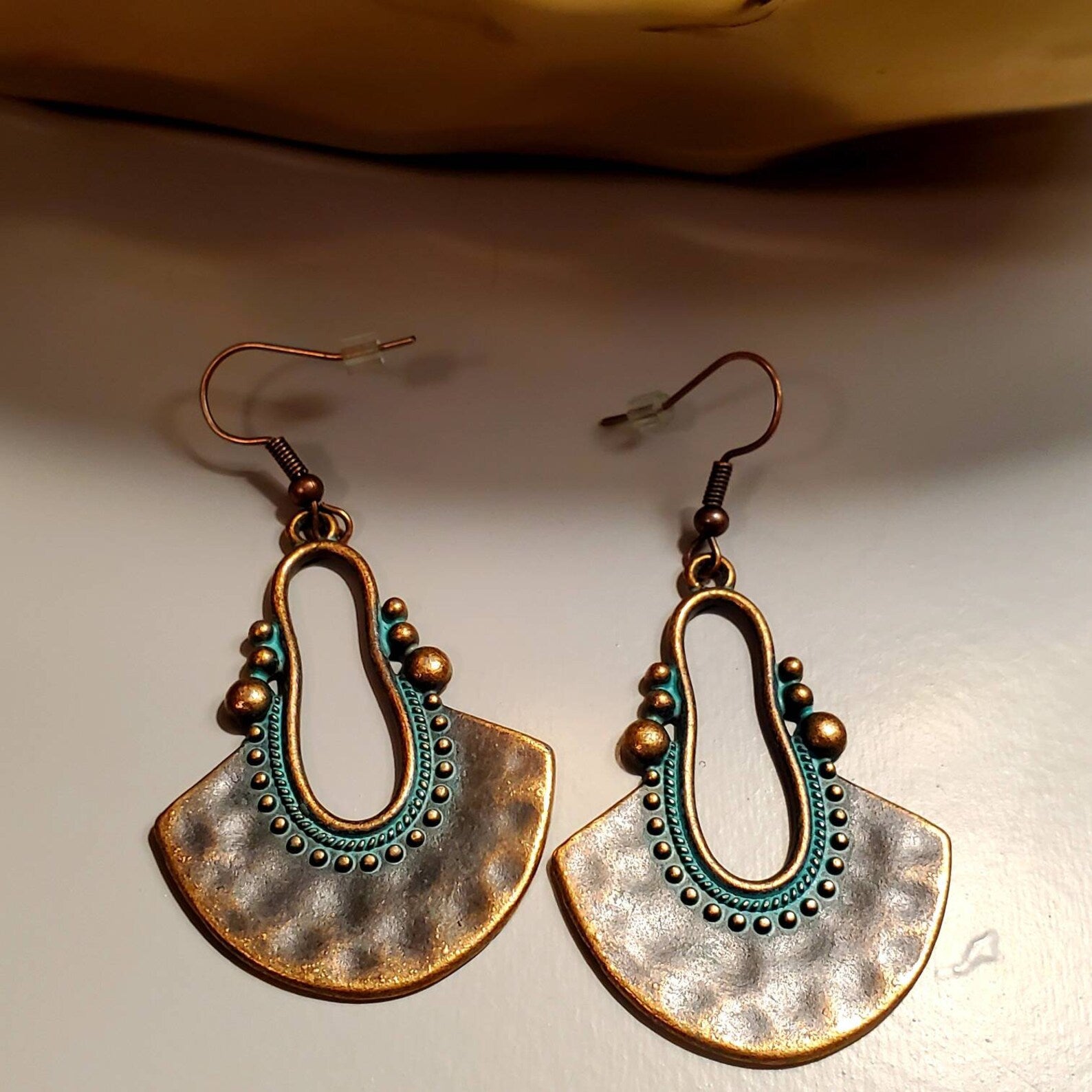 Oxidised Tribal Fan Dangle Earrings with Teal Patina - Left earring bottom design detail | Zuzu's Trove