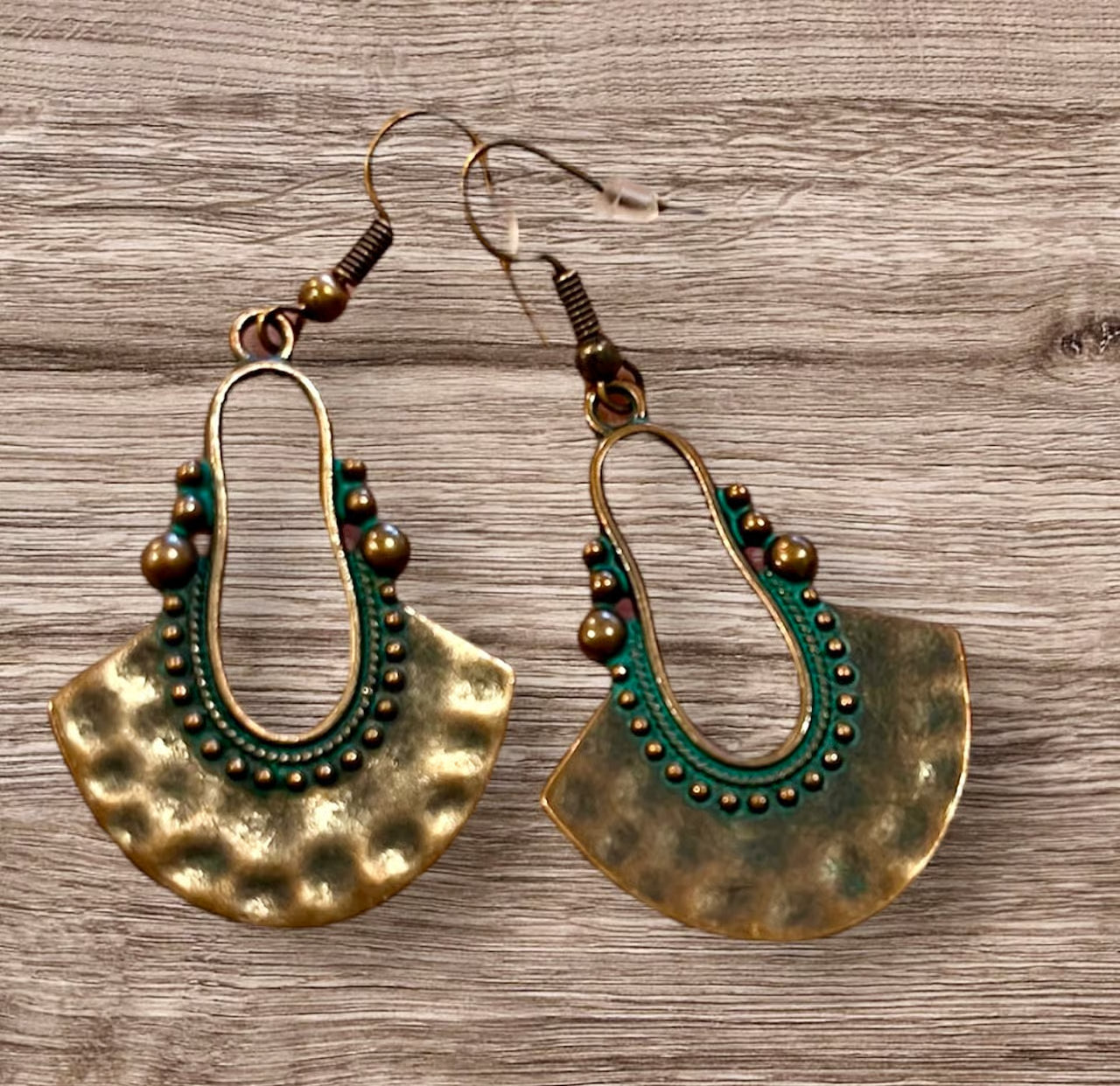 Oxidised Tribal Fan Dangle Earrings with Teal Patina - Right earring bottom design detail | Zuzu's Trove
