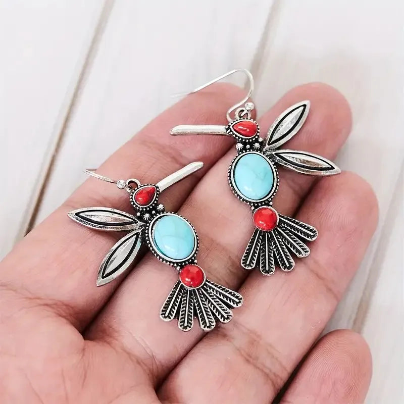 Oxidised Silver Earrings-Blue and Red Humming Bird Western Earrings