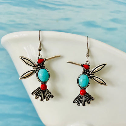 Oxidised Silver Earrings-Blue and Red Humming Bird Western Earrings