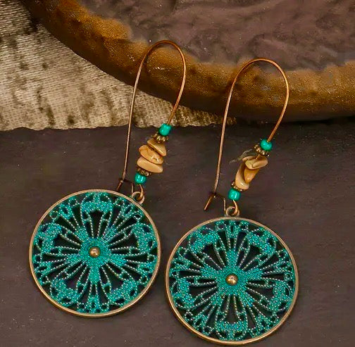 Green Earrings-Long Mandala Sacred Wheel Drop Earrings