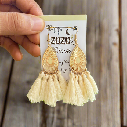 Gold Beige Tassel Earring - Oval