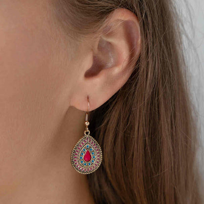 Premium | Wine Red & Ocean Blue - Antique Teardrop Earrings - Ethnic