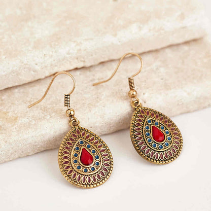 Premium | Wine Red & Ocean Blue - Antique Teardrop Earrings - Ethnic