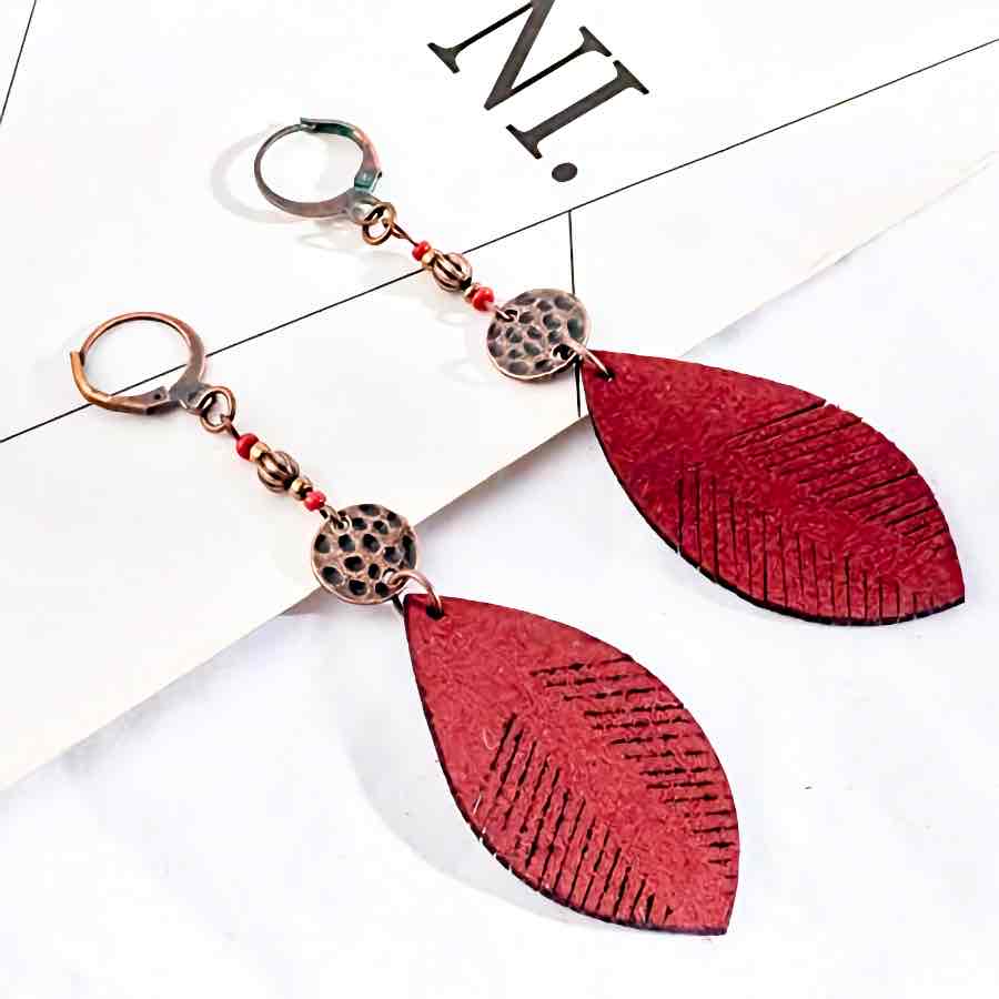 Red Leaf Leather Dangle Earring