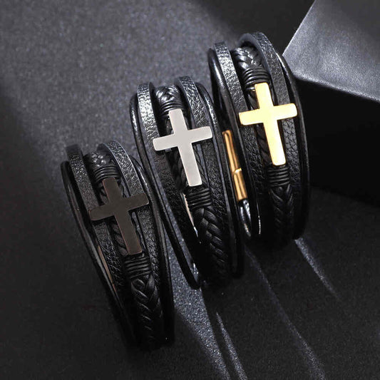 Premium Men's Bracelets - Stainless Steel Cross - Leather Bracelets for Men